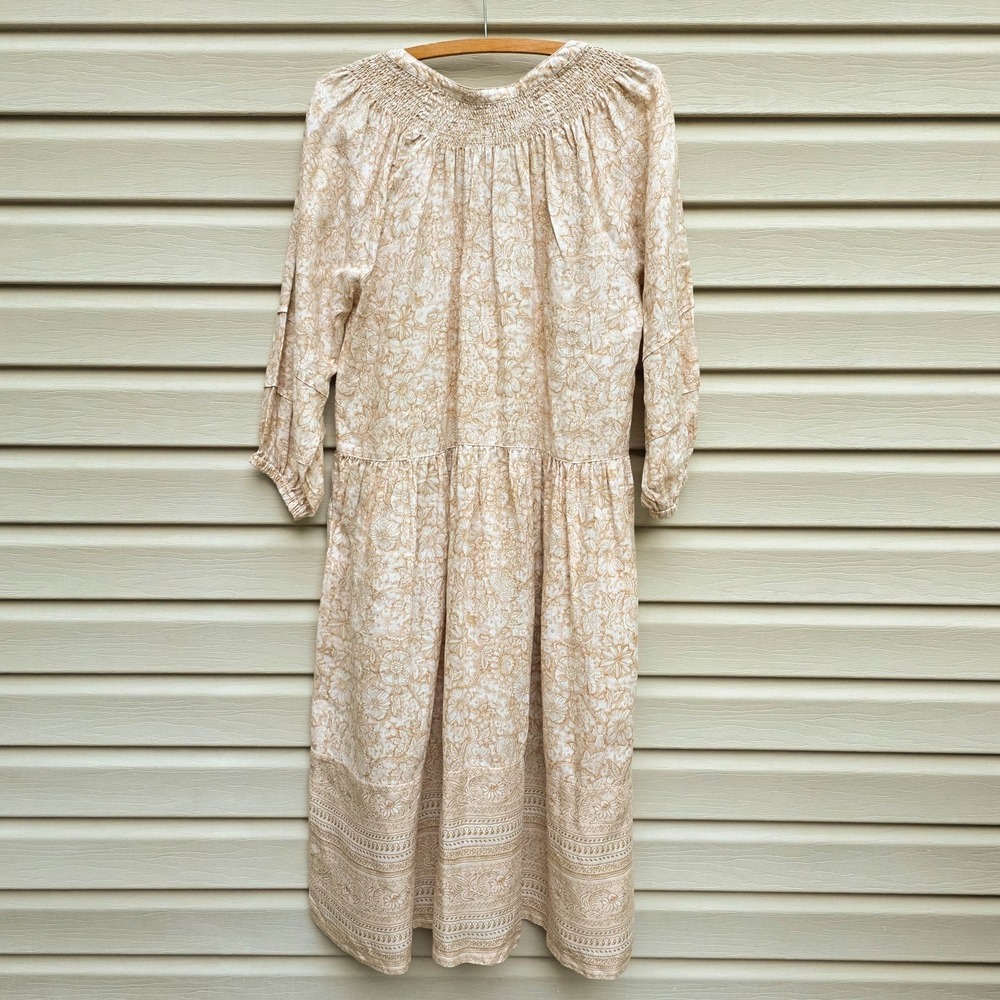 Magaschoni Linen Dress M Beige Floral Boho Prairie Smocked Tassel Midi Romantic - Picture 7 of 7